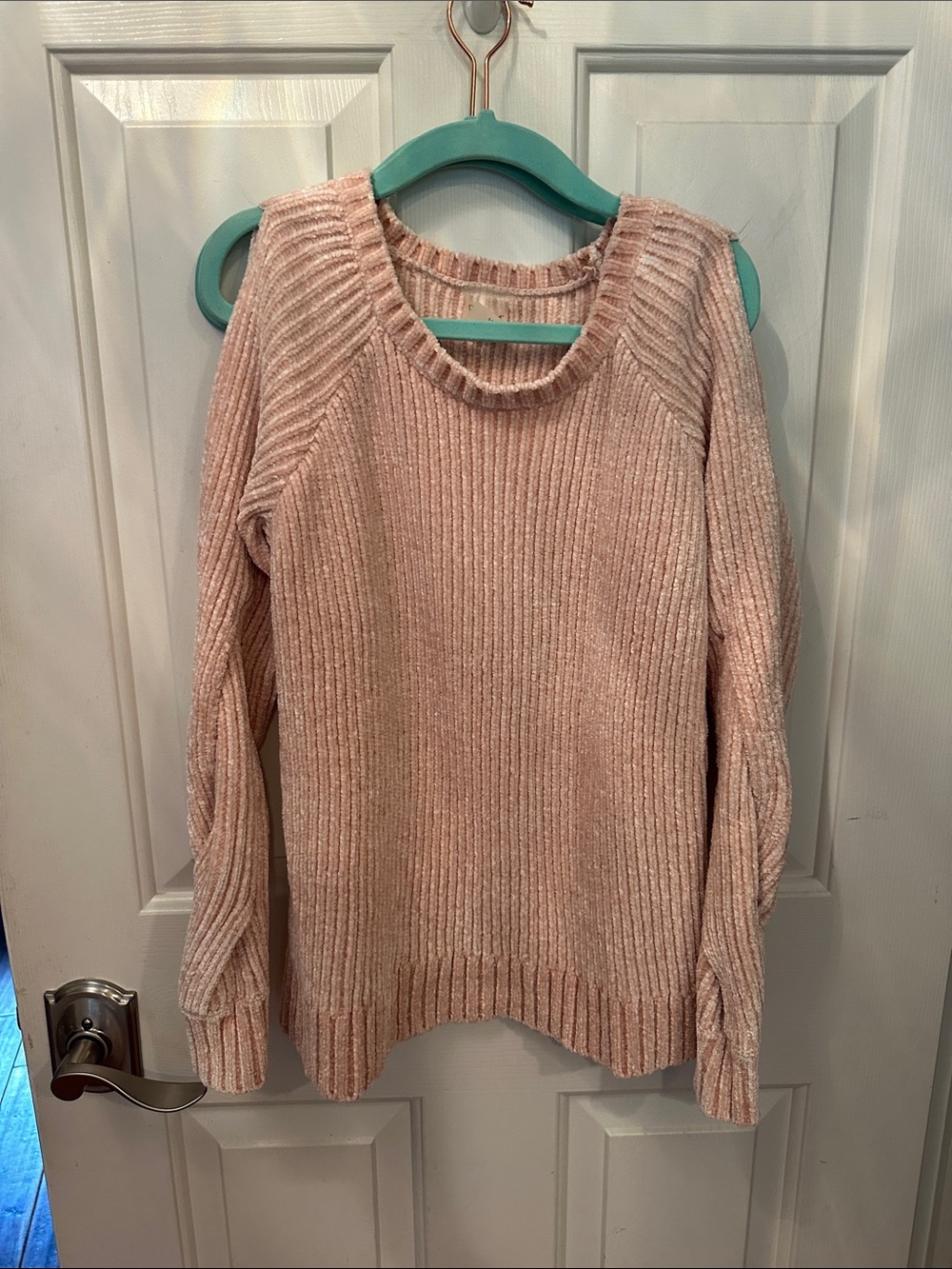 CALIA by Carrie Underwood Chenille  Pink Ribbed open shoulder Sweater XS